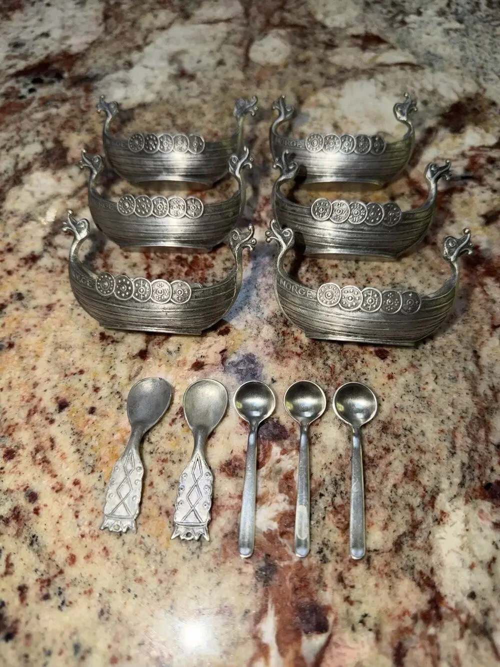 Lot Vintage Handstopt TPB Tinn Pewter Norge Viking Ship Spoon 3” Salt Cellar